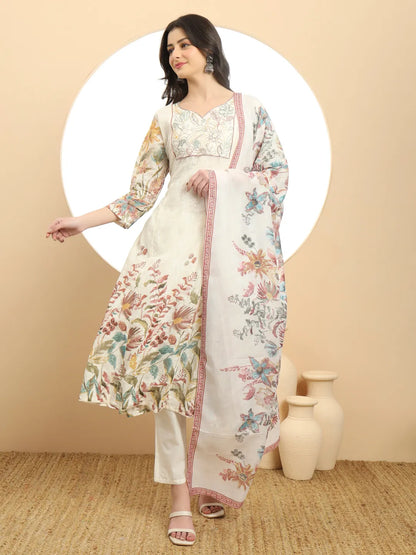 Yellow And White A Line Premium Mul Cotton Kurta Dupatta Pant Set