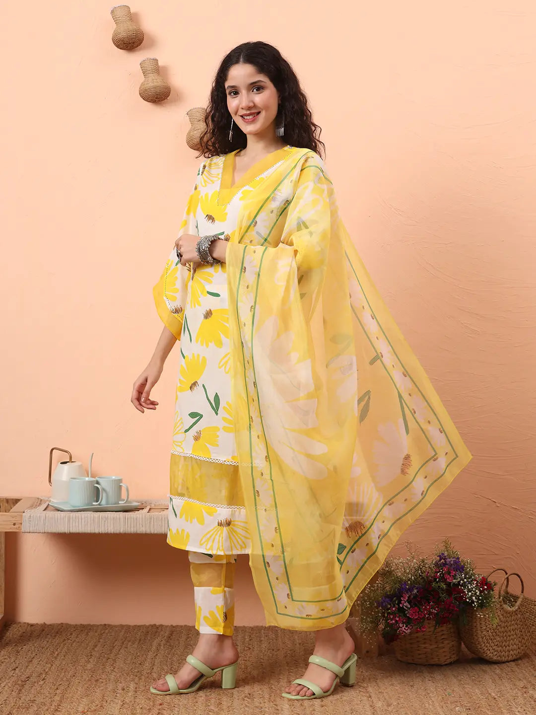 Yellow And White Floral Kantha Work Straight Kurta Trouser Dupatta Set