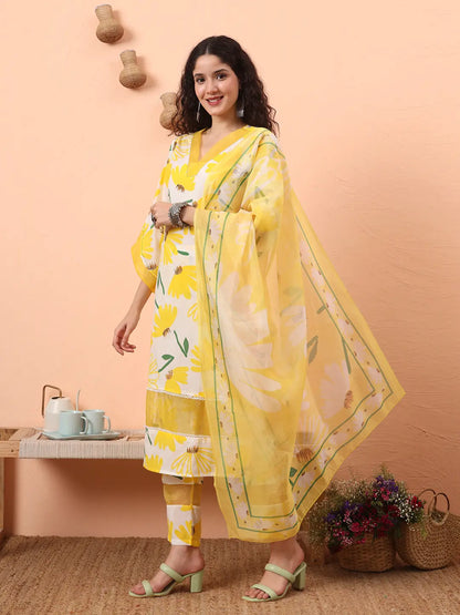 Yellow And White Floral Kantha Work Straight Kurta Trouser Dupatta Set