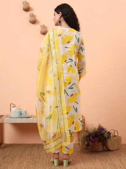 Yellow And White Floral Kantha Work Straight Kurta Trouser Dupatta Set