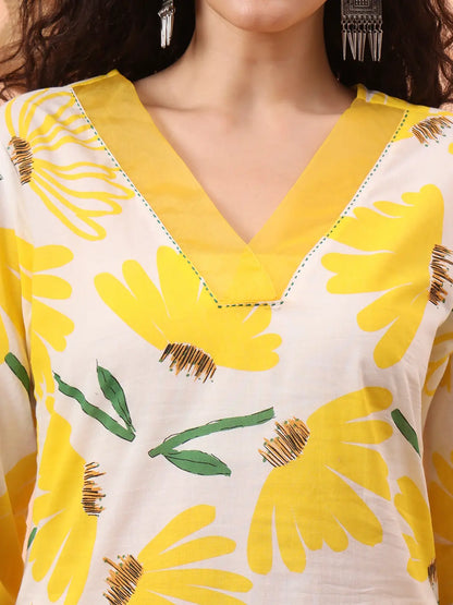 Yellow And White Floral Kantha Work Straight Kurta Trouser Dupatta Set