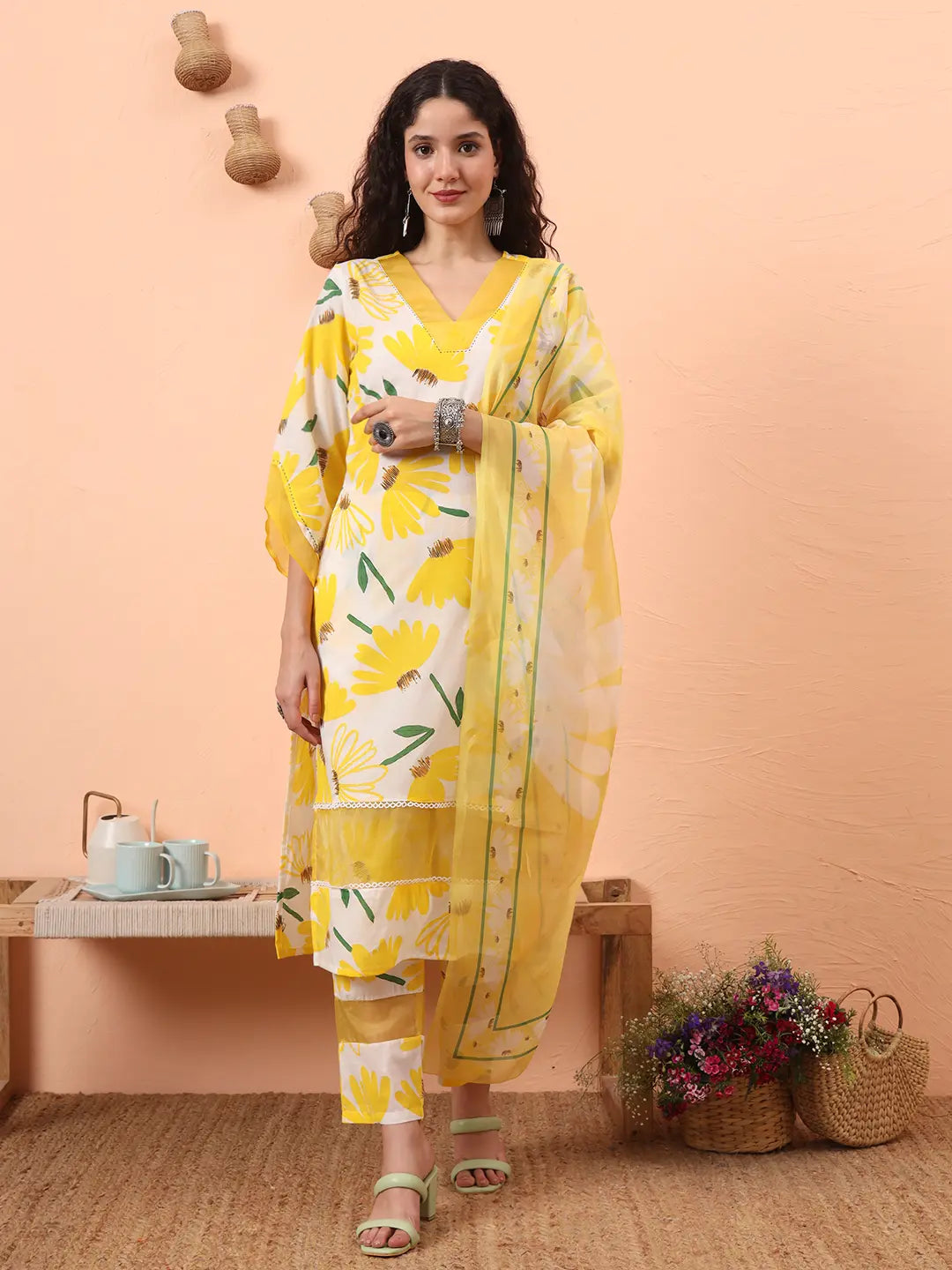 Yellow And White Floral Kantha Work Straight Kurta Trouser Dupatta Set