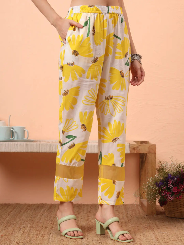 Yellow And White Floral Kantha Work Straight Kurta Trouser Dupatta Set