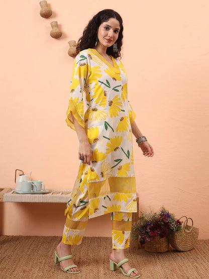Yellow And White Floral Kantha Work Straight Kurta Trouser Dupatta Set