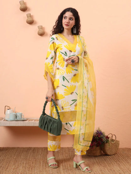 Yellow And White Floral Kantha Work Straight Kurta Trouser Dupatta Set