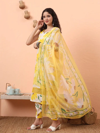 Yellow And White Floral Straight Kurta Trouser Dupatta Set