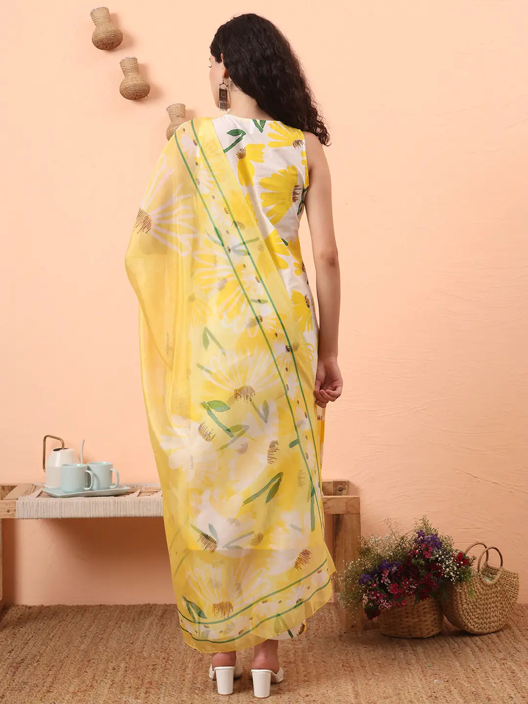 Yellow And White Floral Straight Kurta Trouser Dupatta Set