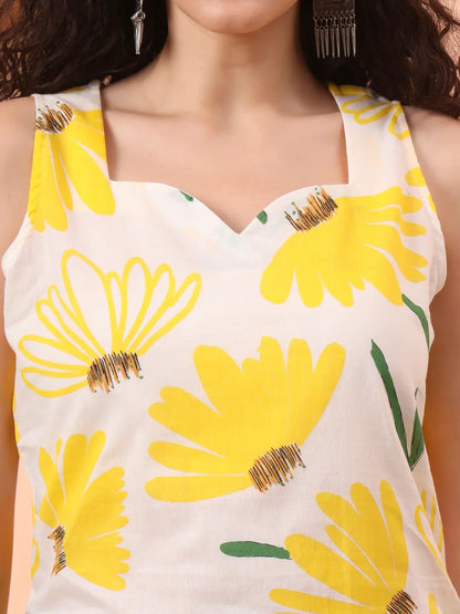 Yellow And White Floral Straight Kurta Trouser Dupatta Set