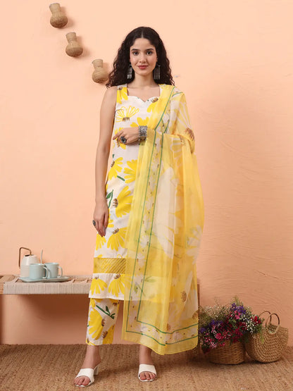 Yellow And White Floral Straight Kurta Trouser Dupatta Set