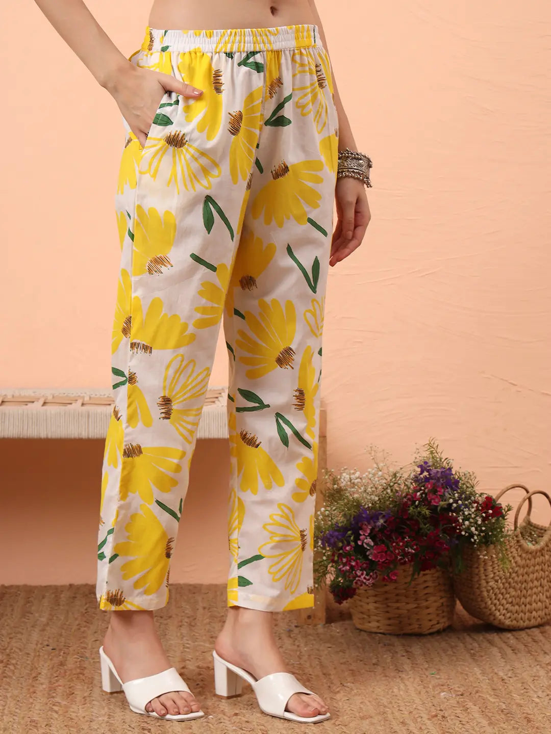 Yellow And White Floral Straight Kurta Trouser Dupatta Set