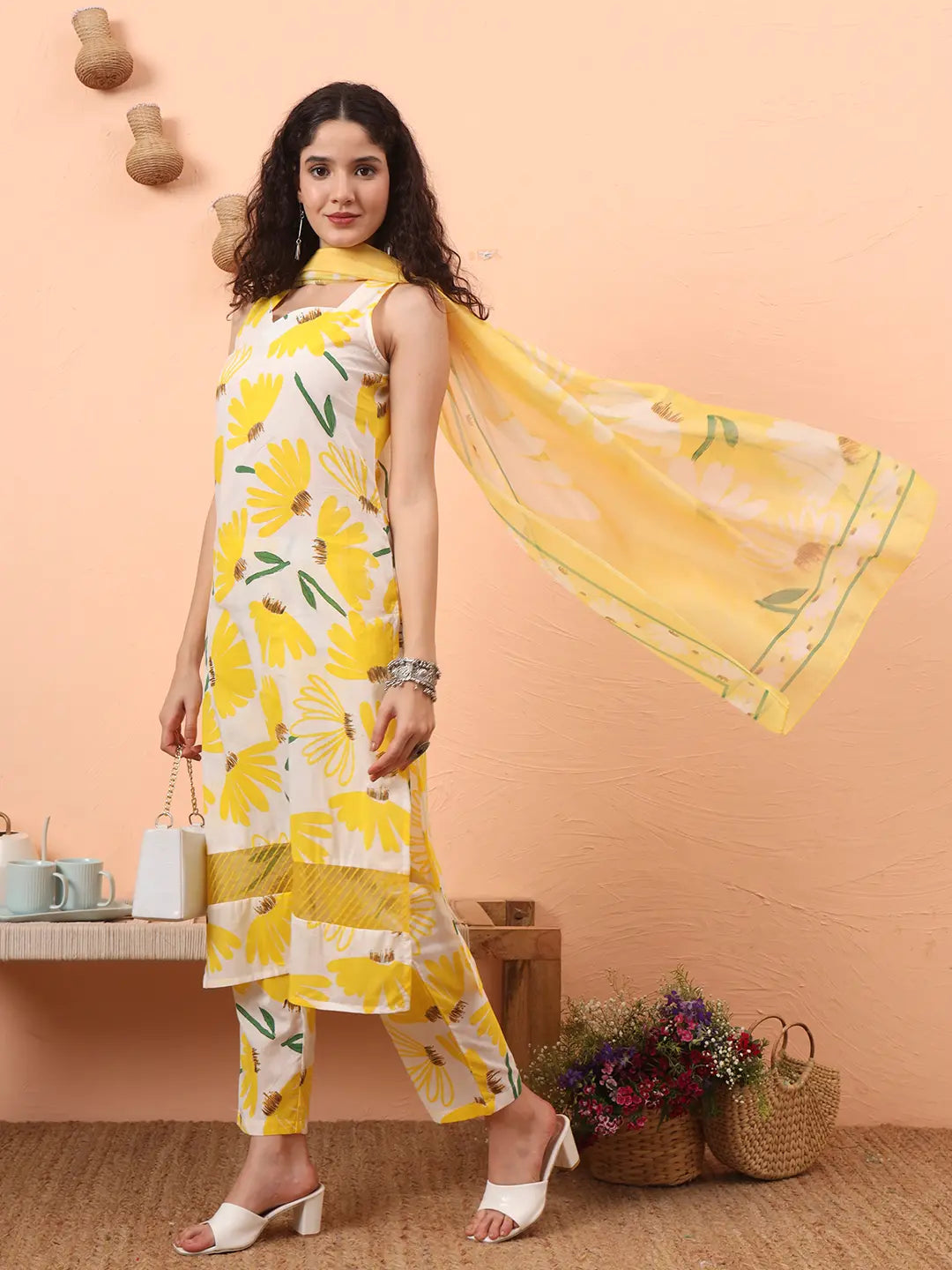 Yellow And White Floral Straight Kurta Trouser Dupatta Set