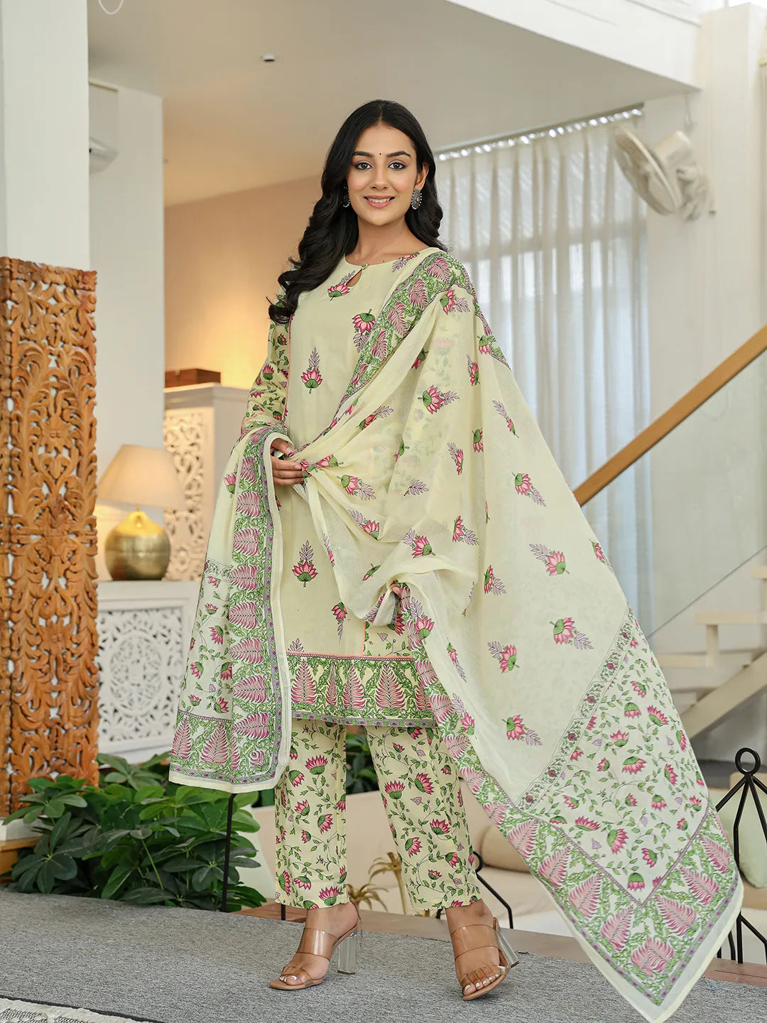 Yellow Cotton A Line Kurta Dupatta Set