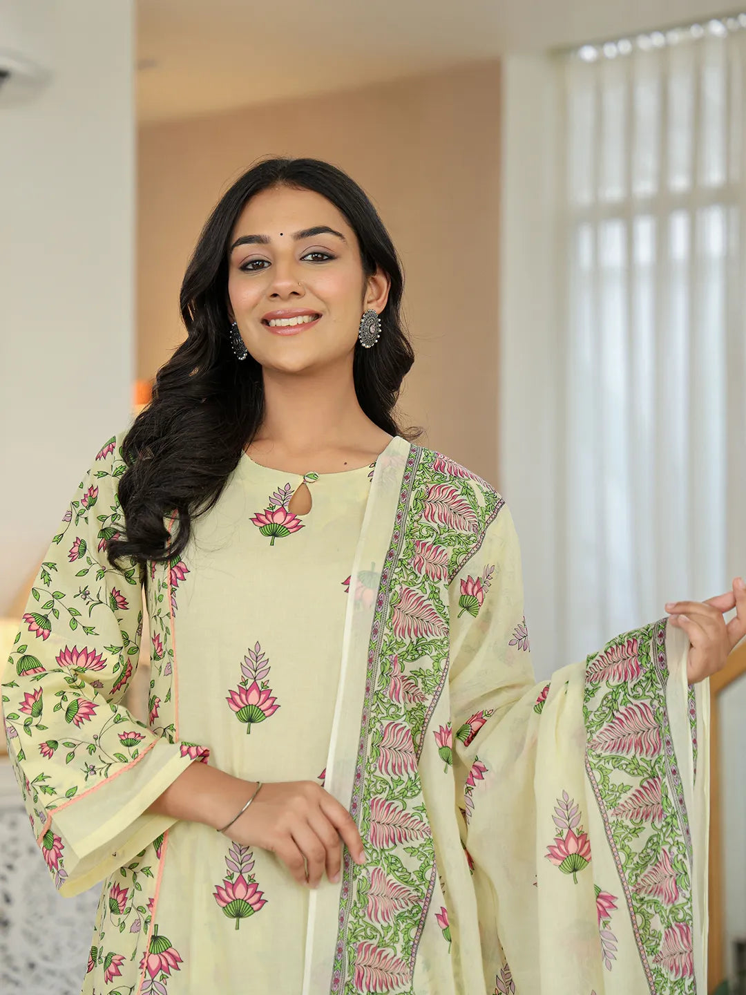 Yellow Cotton A Line Kurta Dupatta Set