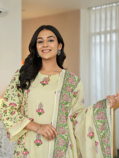 Yellow Cotton A Line Kurta Dupatta Set