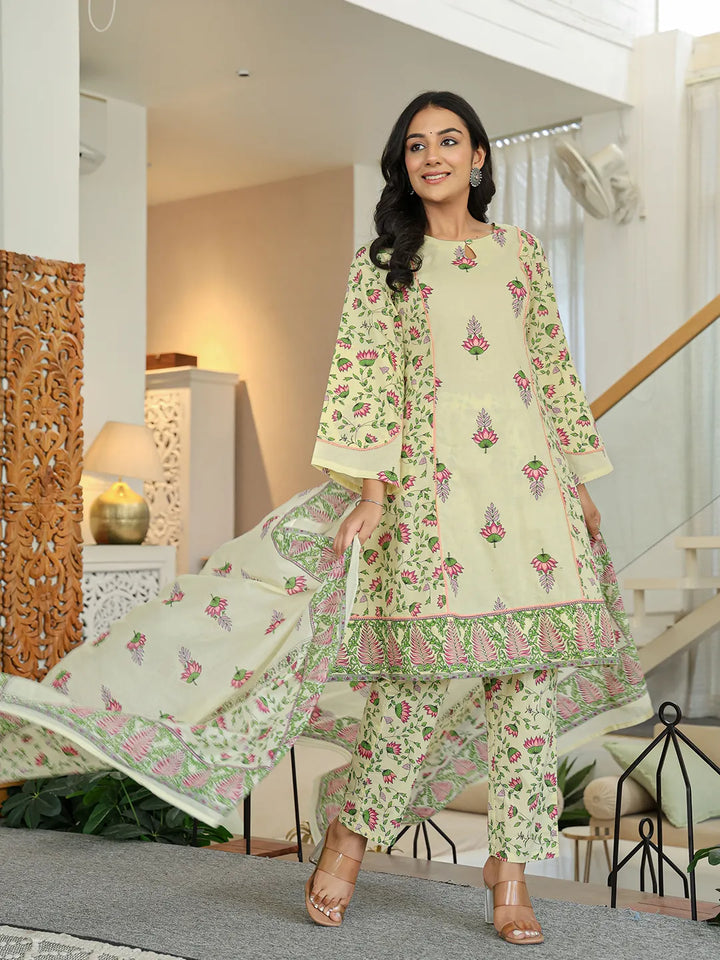 Yellow Cotton A Line Kurta Dupatta Set