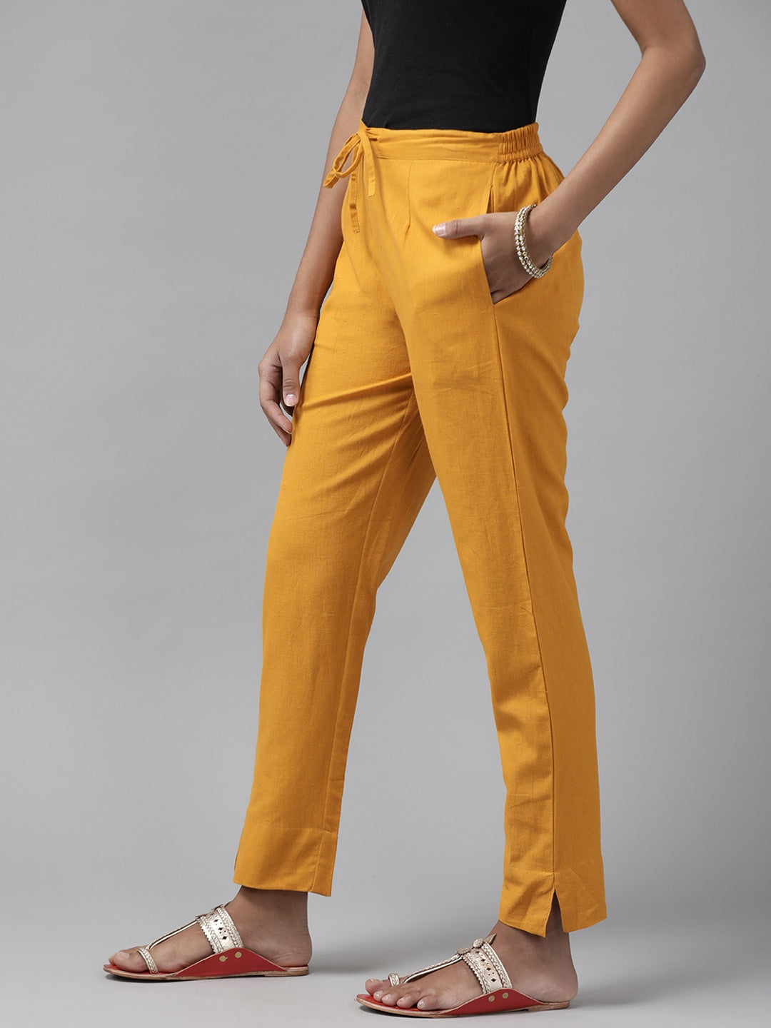 Yellow Cotton Fit Trousers