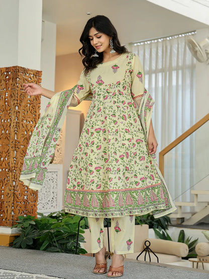 Yellow Cotton Kalidaar Kurta Dupatta Set