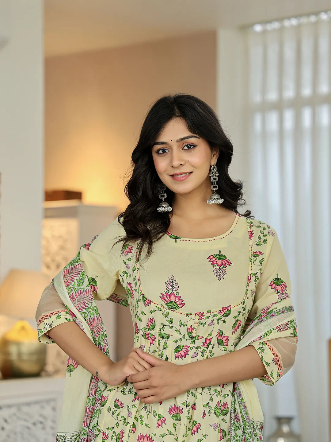 Yellow Cotton Kalidaar Kurta Dupatta Set