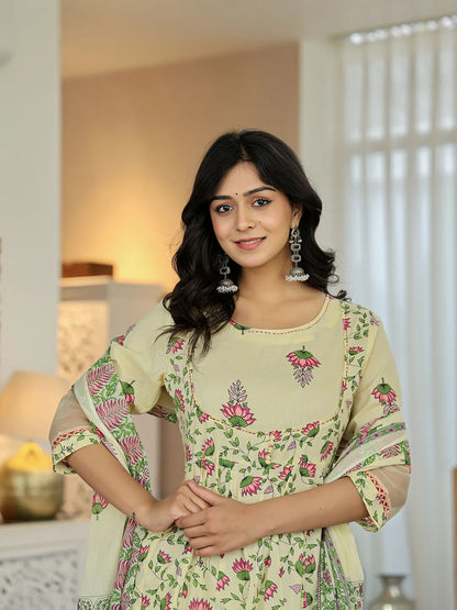 Yellow Cotton Kalidaar Kurta Dupatta Set