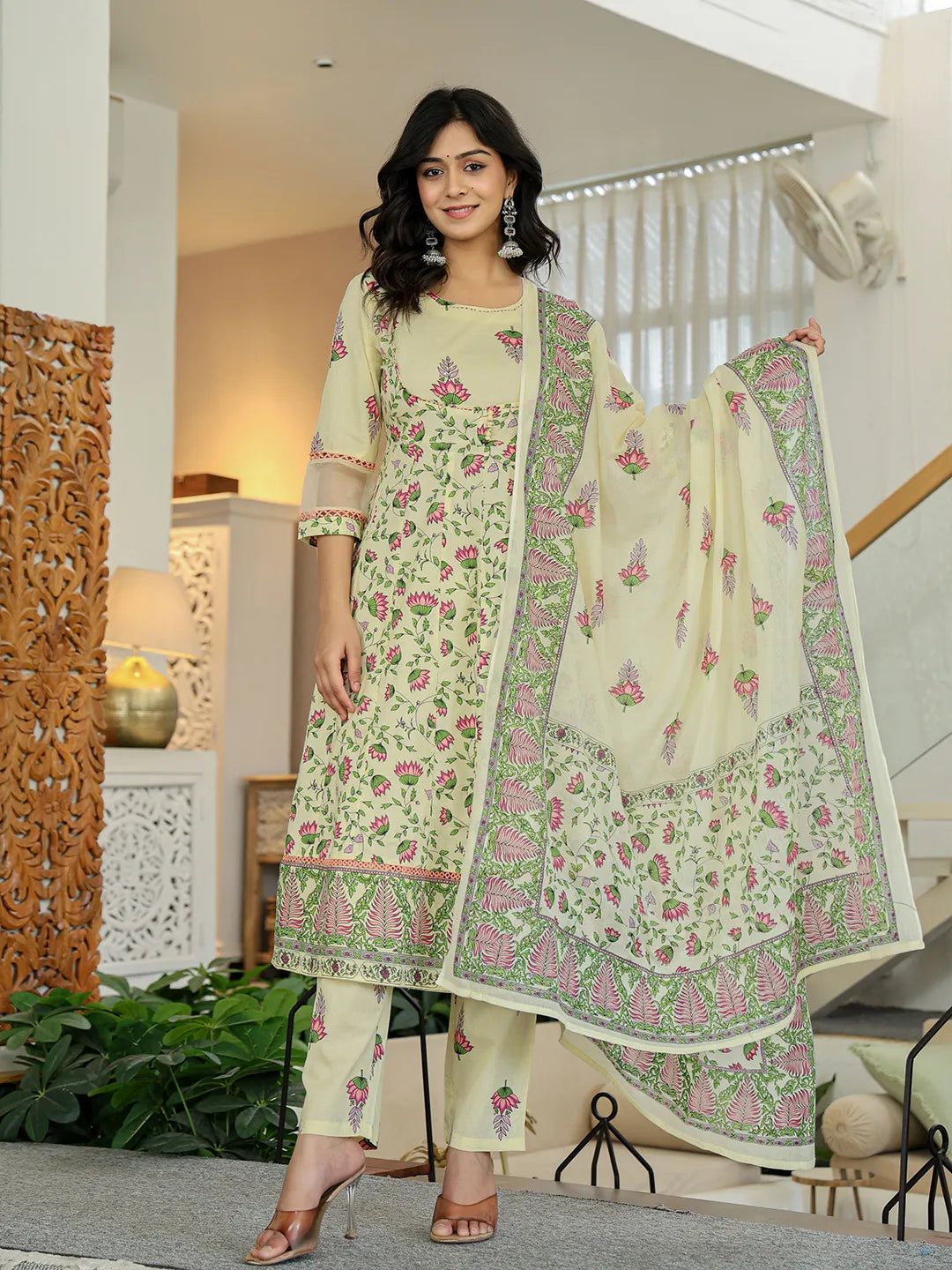 Yellow Cotton Kalidaar Kurta Dupatta Set