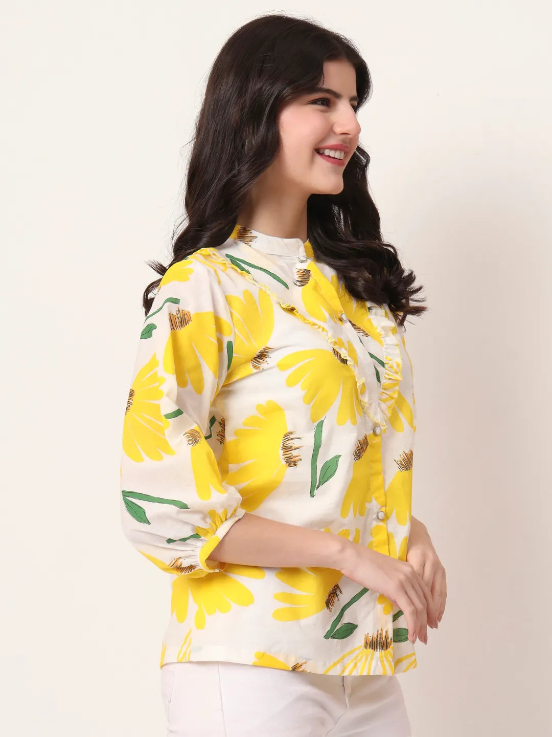 Yellow Cotton Mandarin Collar Shirt Style Top