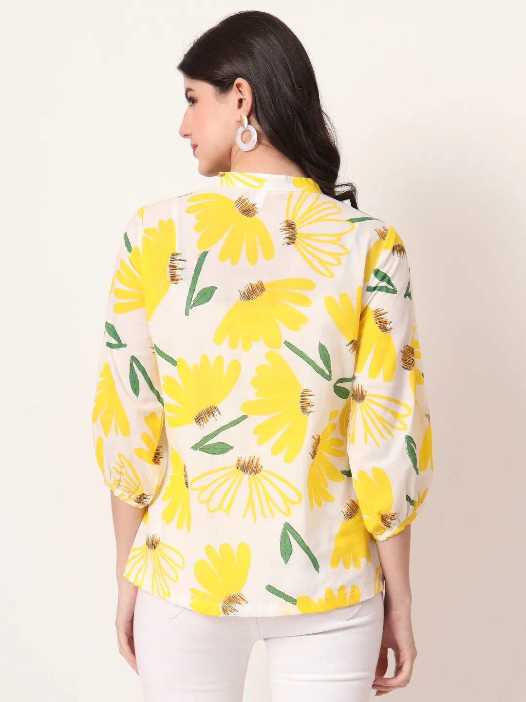 Yellow Cotton Mandarin Collar Shirt Style Top