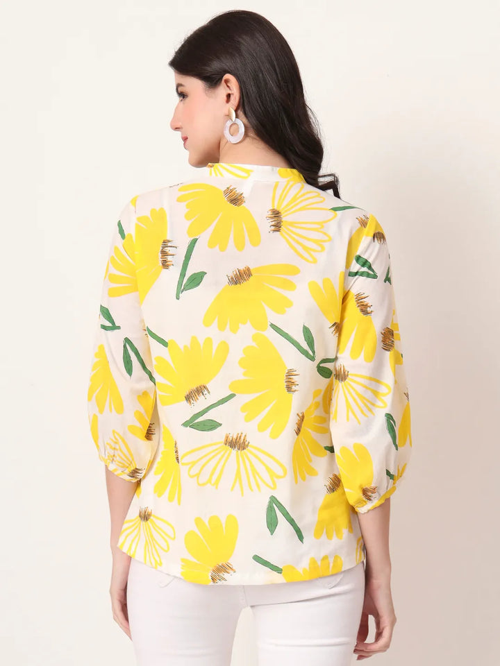 Yellow Cotton Mandarin Collar Shirt Style Top