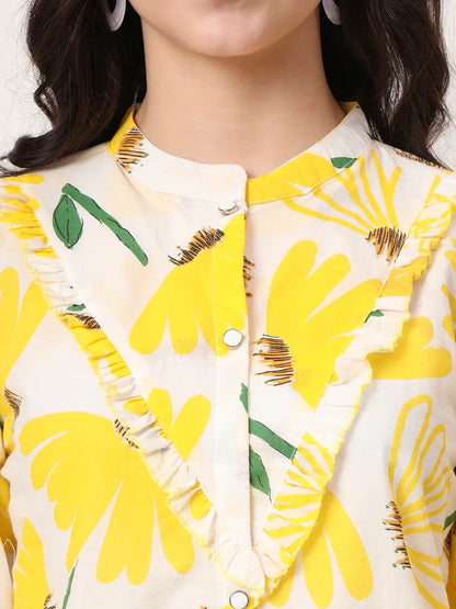 Yellow Cotton Mandarin Collar Shirt Style Top