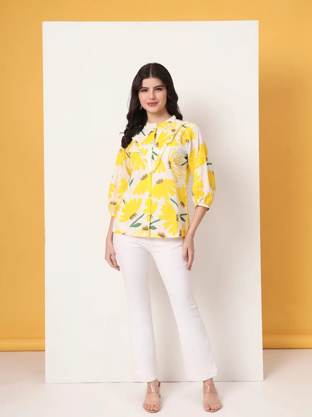 Yellow Cotton Mandarin Collar Shirt Style Top