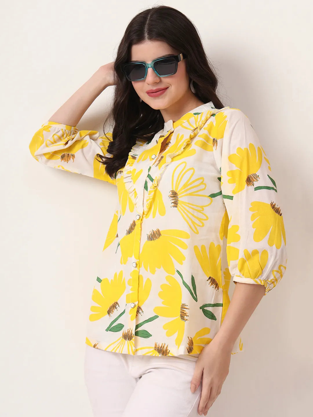 Yellow Cotton Mandarin Collar Shirt Style Top