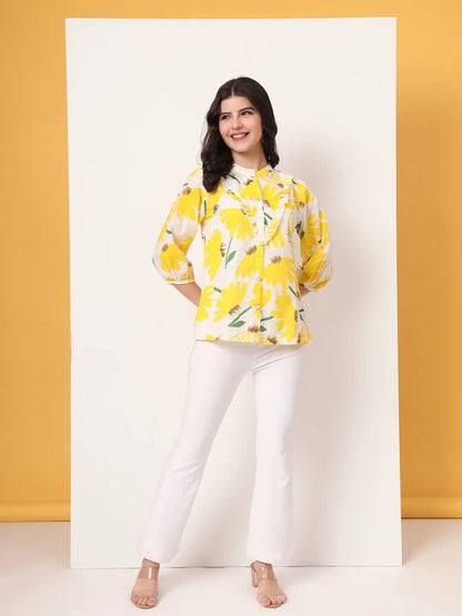 Yellow Cotton Mandarin Collar Shirt Style Top
