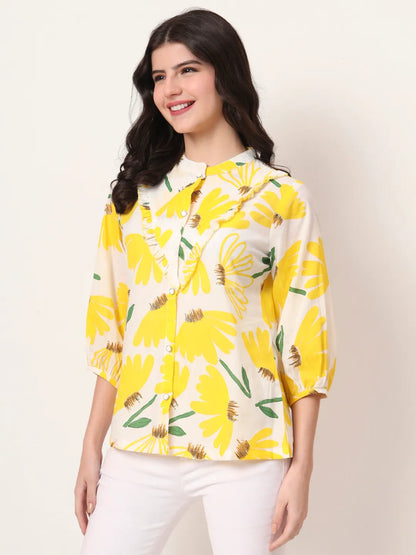 Yellow Cotton Mandarin Collar Shirt Style Top