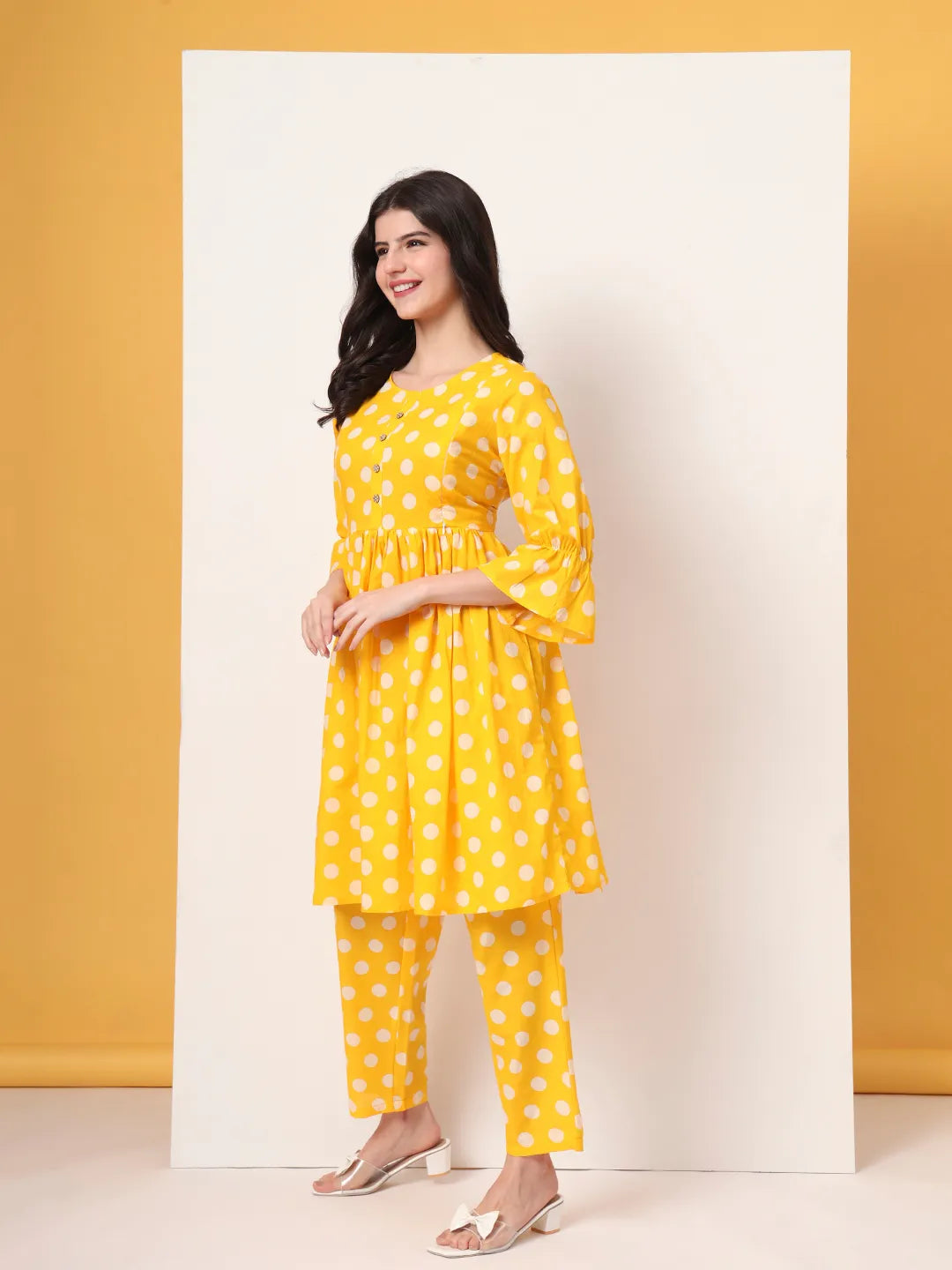 Yellow Cotton Maternity Gathered Or Pleated Kurta Pants Set