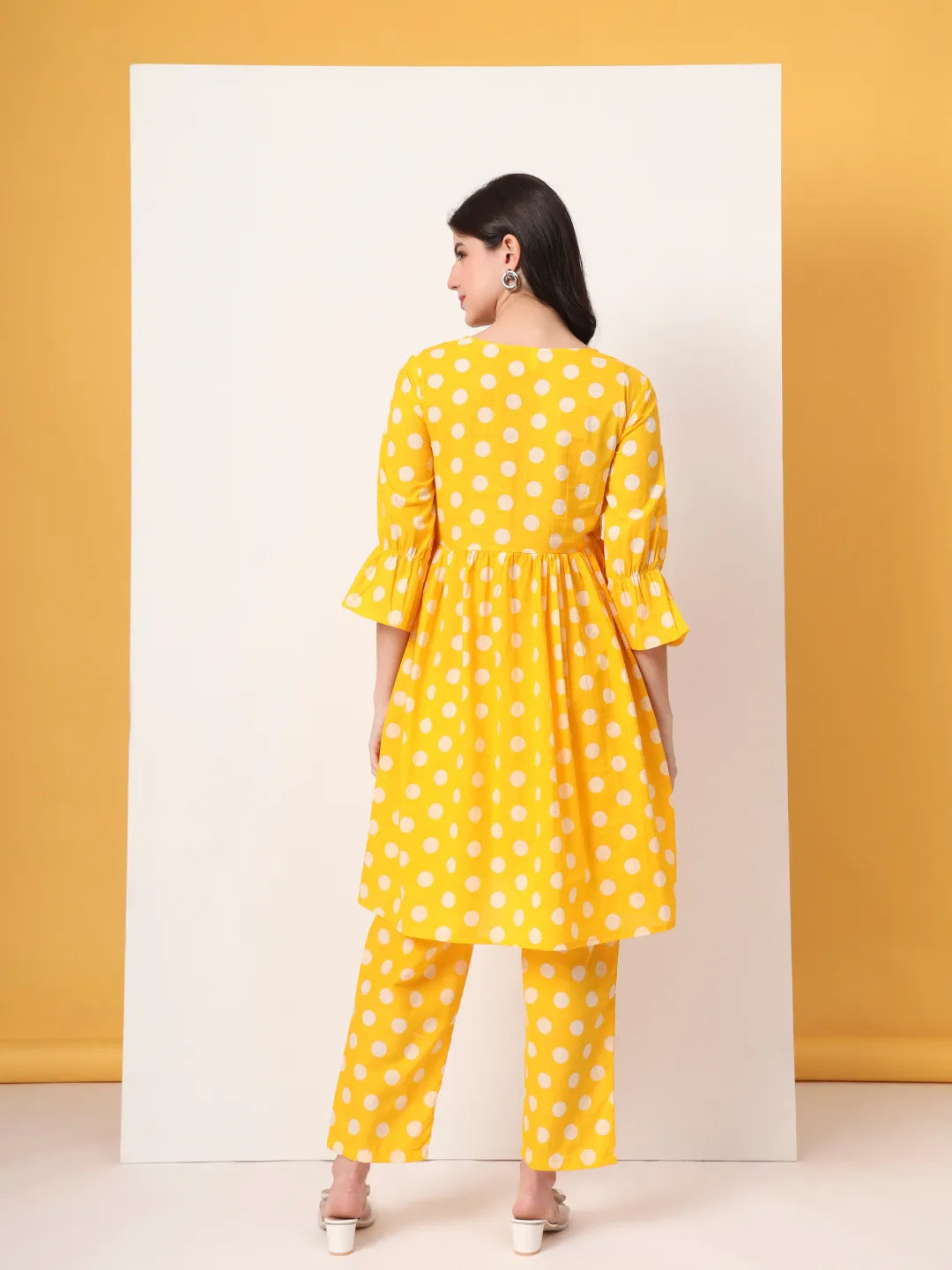 Yellow Cotton Maternity Gathered Or Pleated Kurta Pants Set