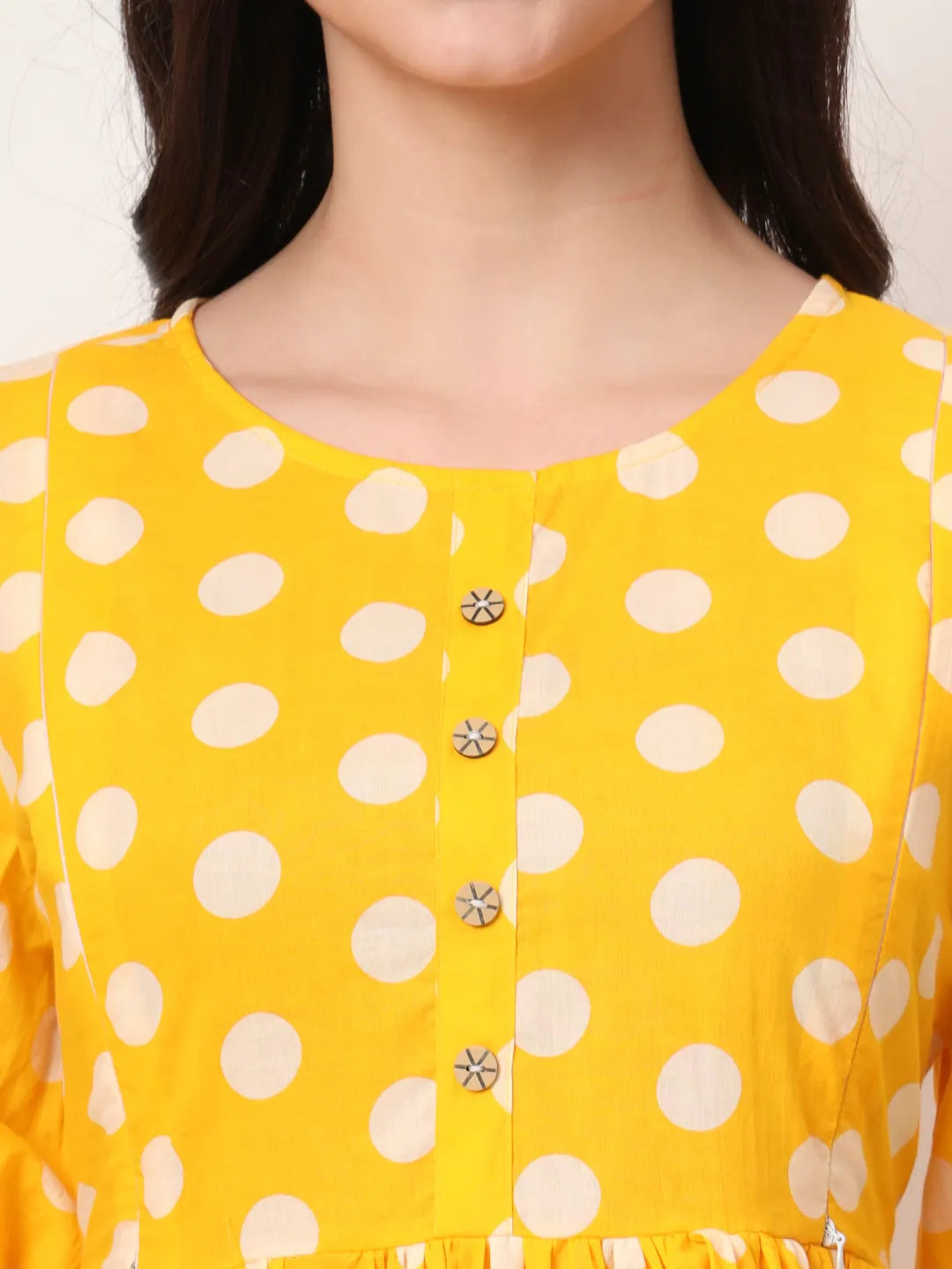 Yellow Cotton Maternity Gathered Or Pleated Kurta Pants Set