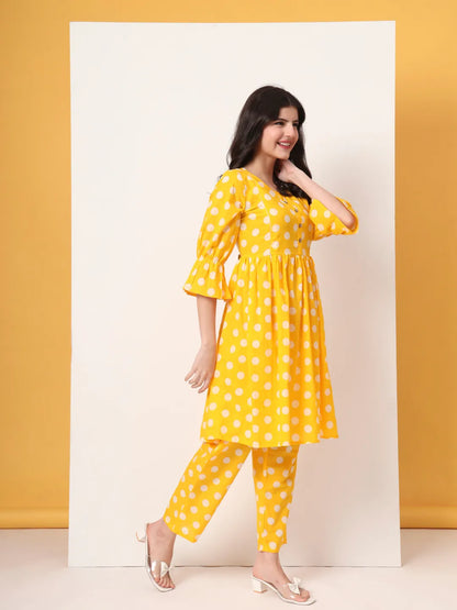 Yellow Cotton Maternity Gathered Or Pleated Kurta Pants Set