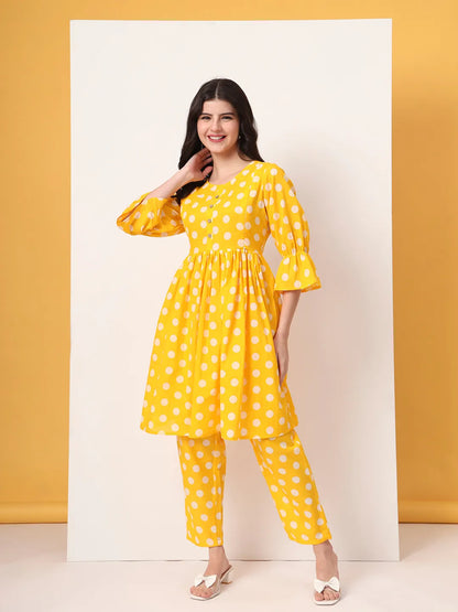 Yellow Cotton Maternity Gathered Or Pleated Kurta Pants Set