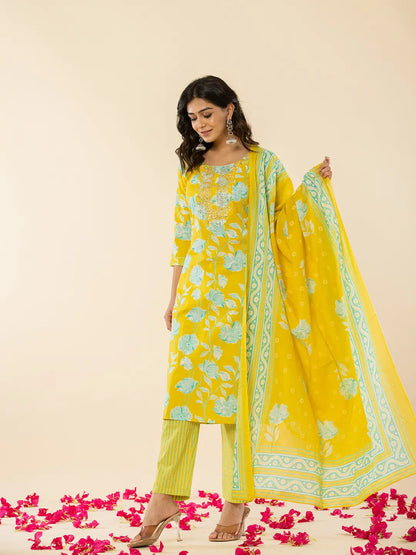 Yellow Cotton Sequins Work Straight Kurta Dupatta Pant Set