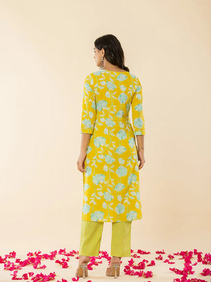 Yellow Cotton Sequins Work Straight Kurta Dupatta Pant Set