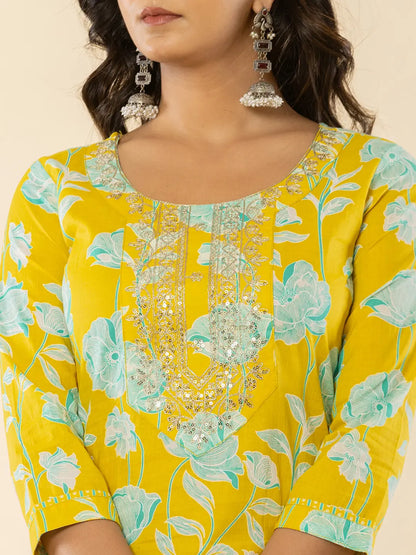 Yellow Cotton Sequins Work Straight Kurta Dupatta Pant Set