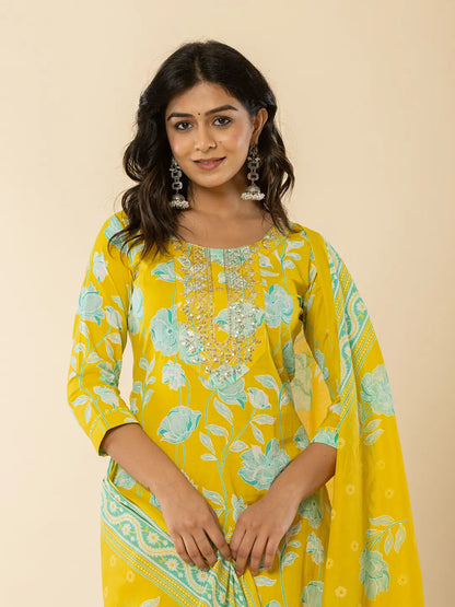 Yellow Cotton Sequins Work Straight Kurta Dupatta Pant Set