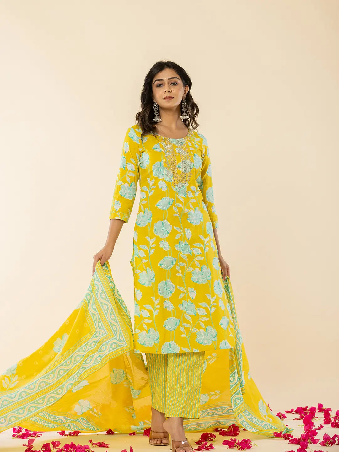 Yellow Cotton Sequins Work Straight Kurta Dupatta Pant Set