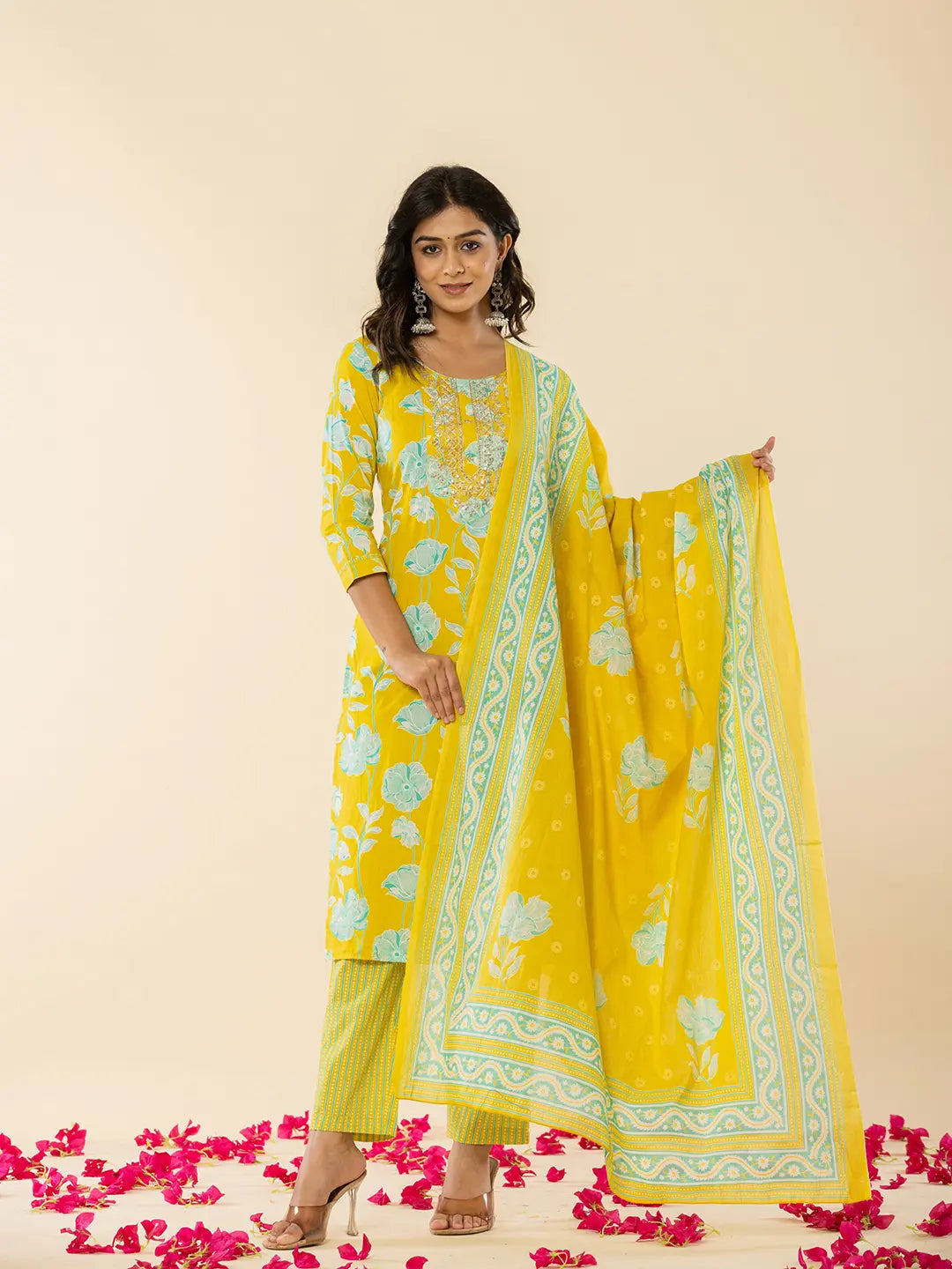 Yellow Cotton Sequins Work Straight Kurta Dupatta Pant Set