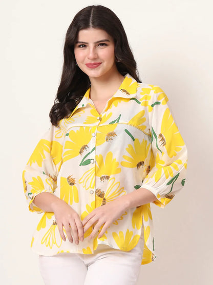 Yellow Cotton Shirt Collar Shirt Style Top