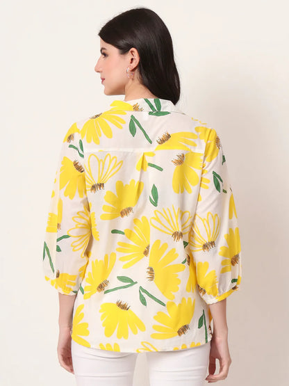 Yellow Cotton Shirt Collar Shirt Style Top