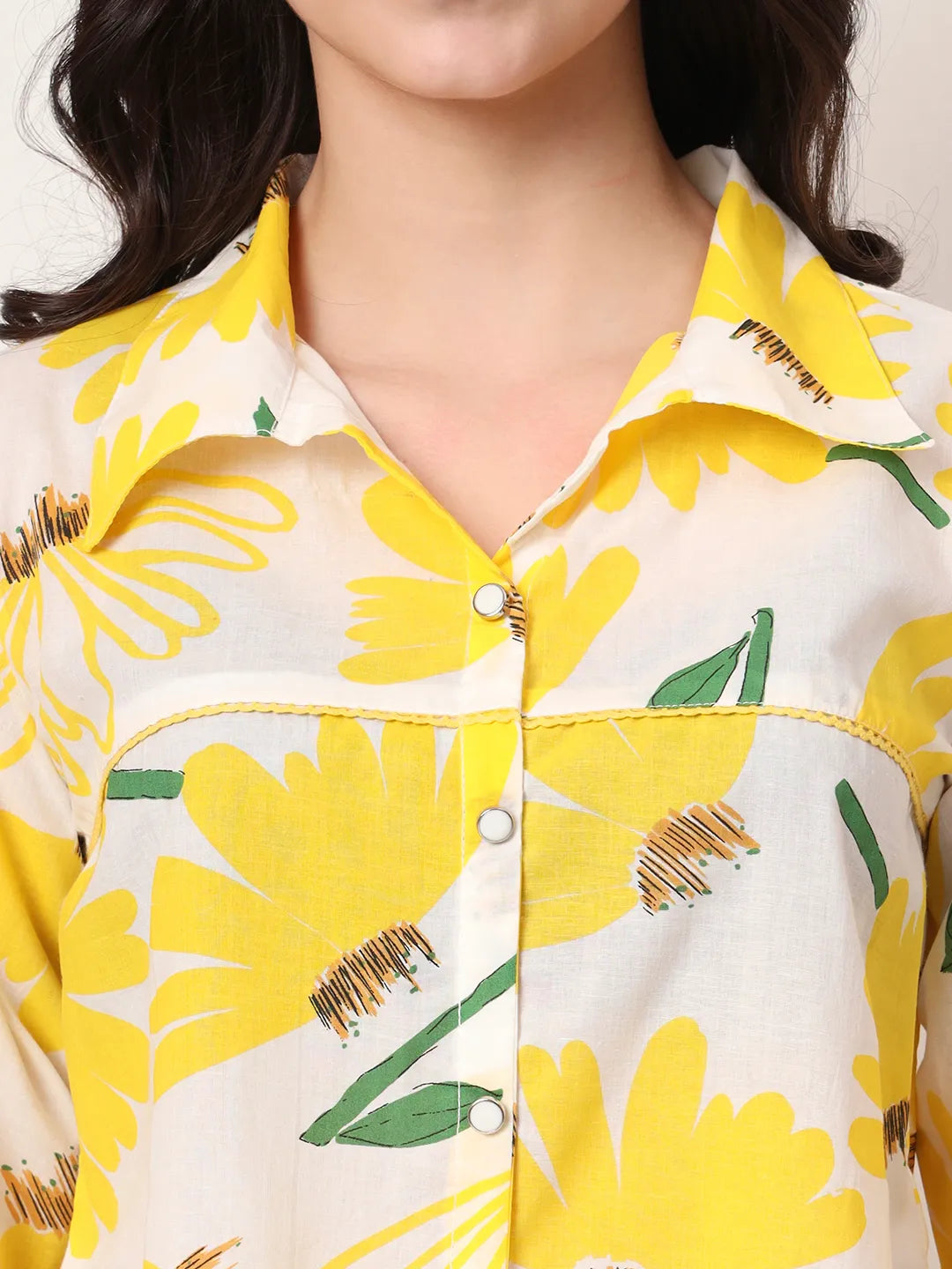 Yellow Cotton Shirt Collar Shirt Style Top