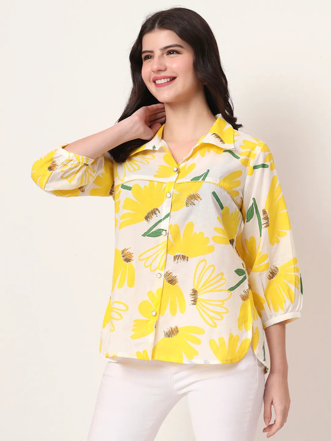 Yellow Cotton Shirt Collar Shirt Style Top