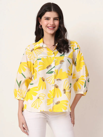 Yellow Cotton Shirt Collar Shirt Style Top
