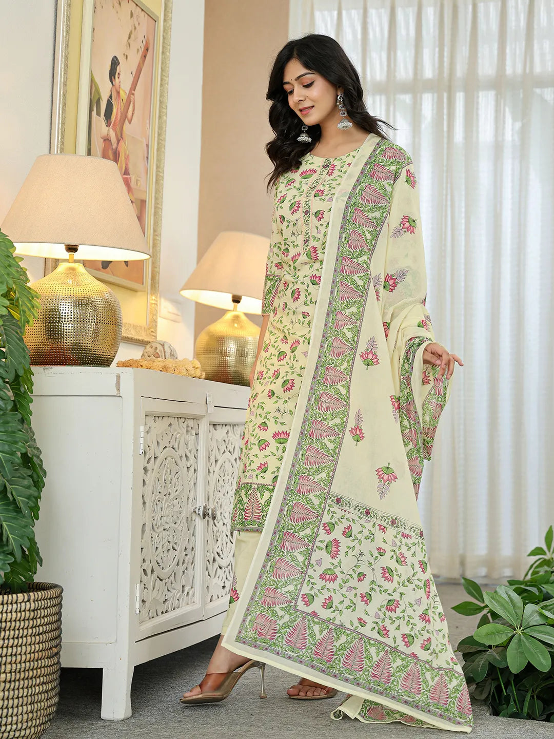 Yellow Cotton Straight Floral Print Kurta Dupatta Set