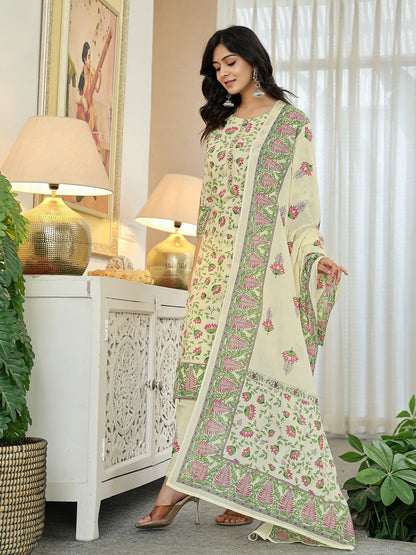 Yellow Cotton Straight Floral Print Kurta Dupatta Set